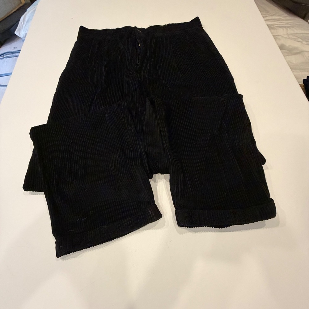 Perry Ellis Vintage Y2K Jet Black Wide Wale Cords Pant Men 34x32 Cuffed Pleated